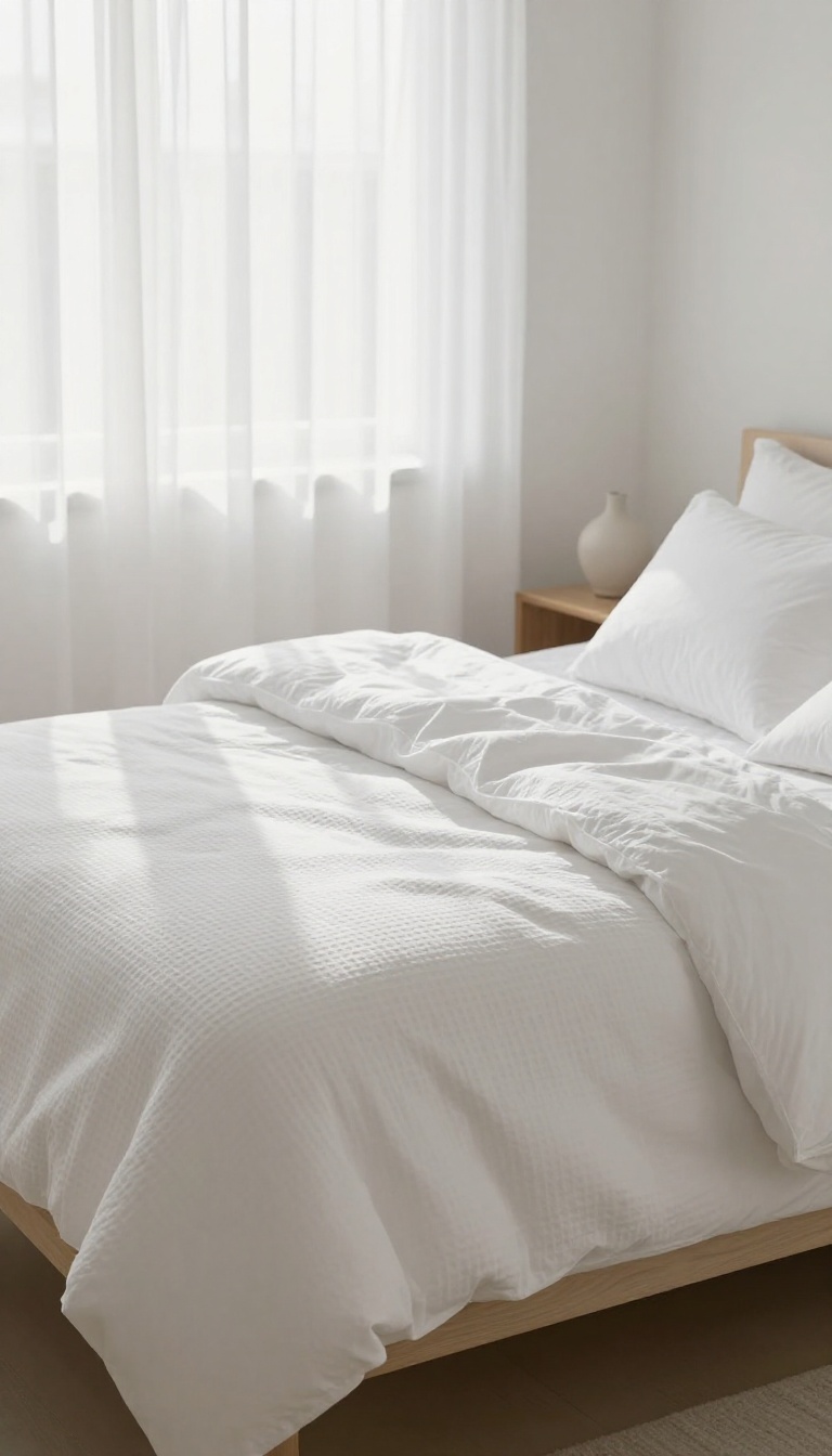 Small bright bedroom with an all-white bedding set and soft natural daylight reflecting off crisp white sheets and a textured white quilt