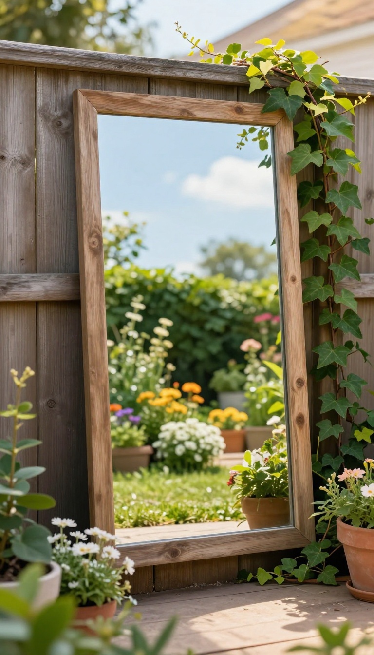 Small backyard with a large mirror mounted on a wooden fence reflecting greenery and sunlight
