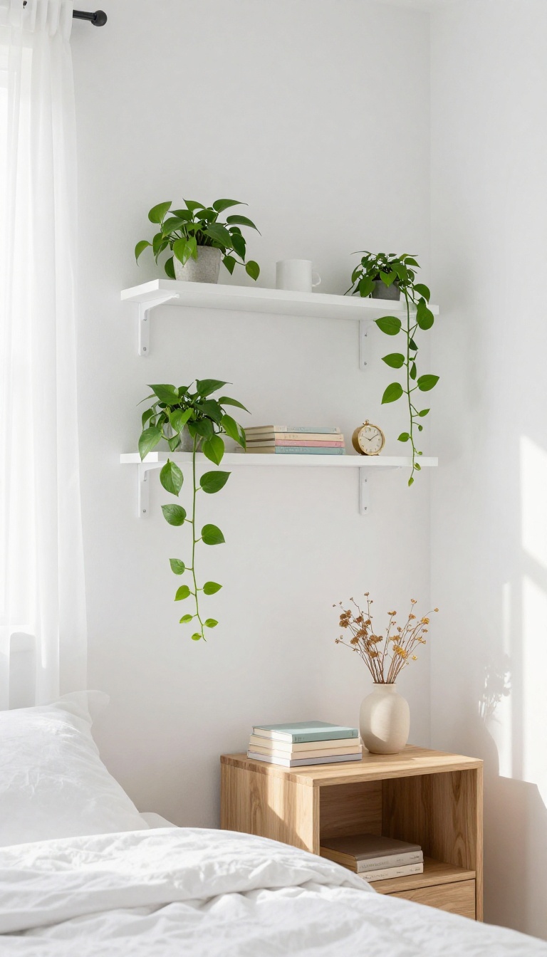 Small white bedroom with white floating open shelves above a nightstand displaying plants, books, and a vase in bright natural light