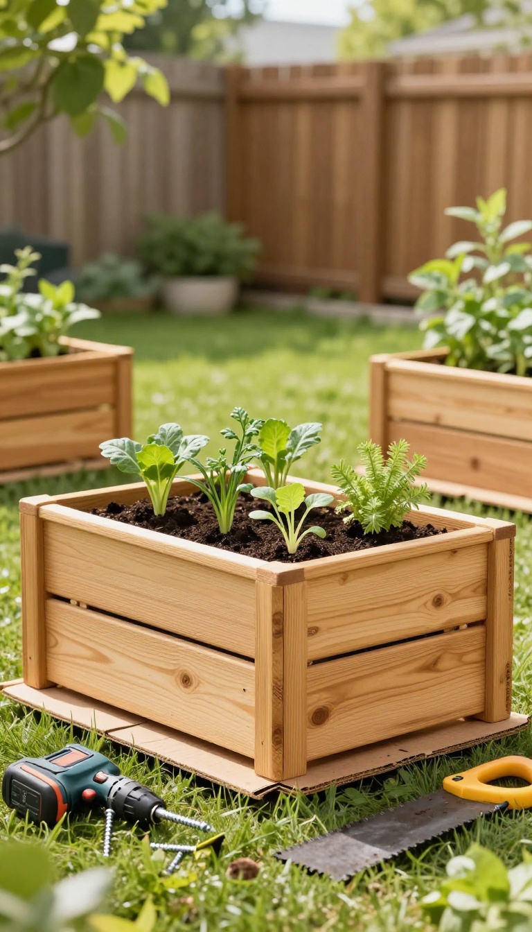 Cedar raised garden bed filled with soil and seedlings in a sunny backyard, with DIY tools nearby