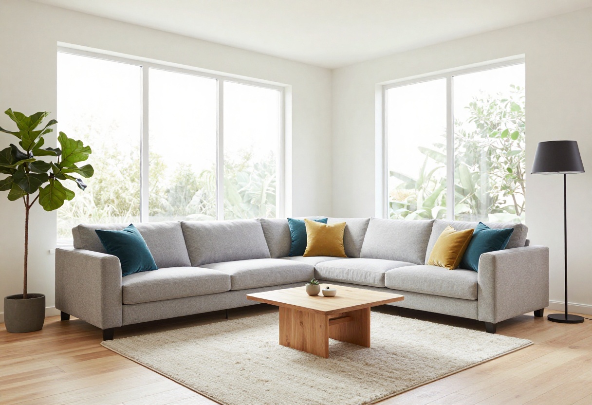 Modern living room with a gray sectional sofa arranged in an L-shape, facing a large window with natural light.