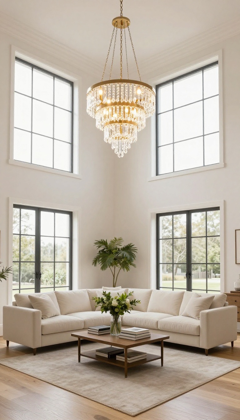 Tiered chandelier with stacked layers of lights hanging in a bright high-ceiling living room with tall windows and neutral decor