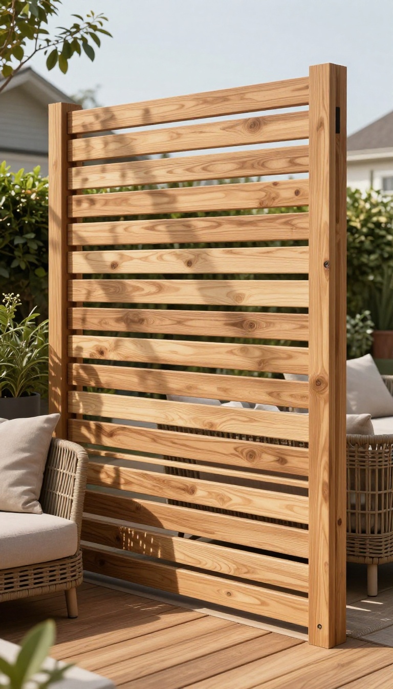 Wooden slat screen privacy panel on a patio with outdoor furniture and plants