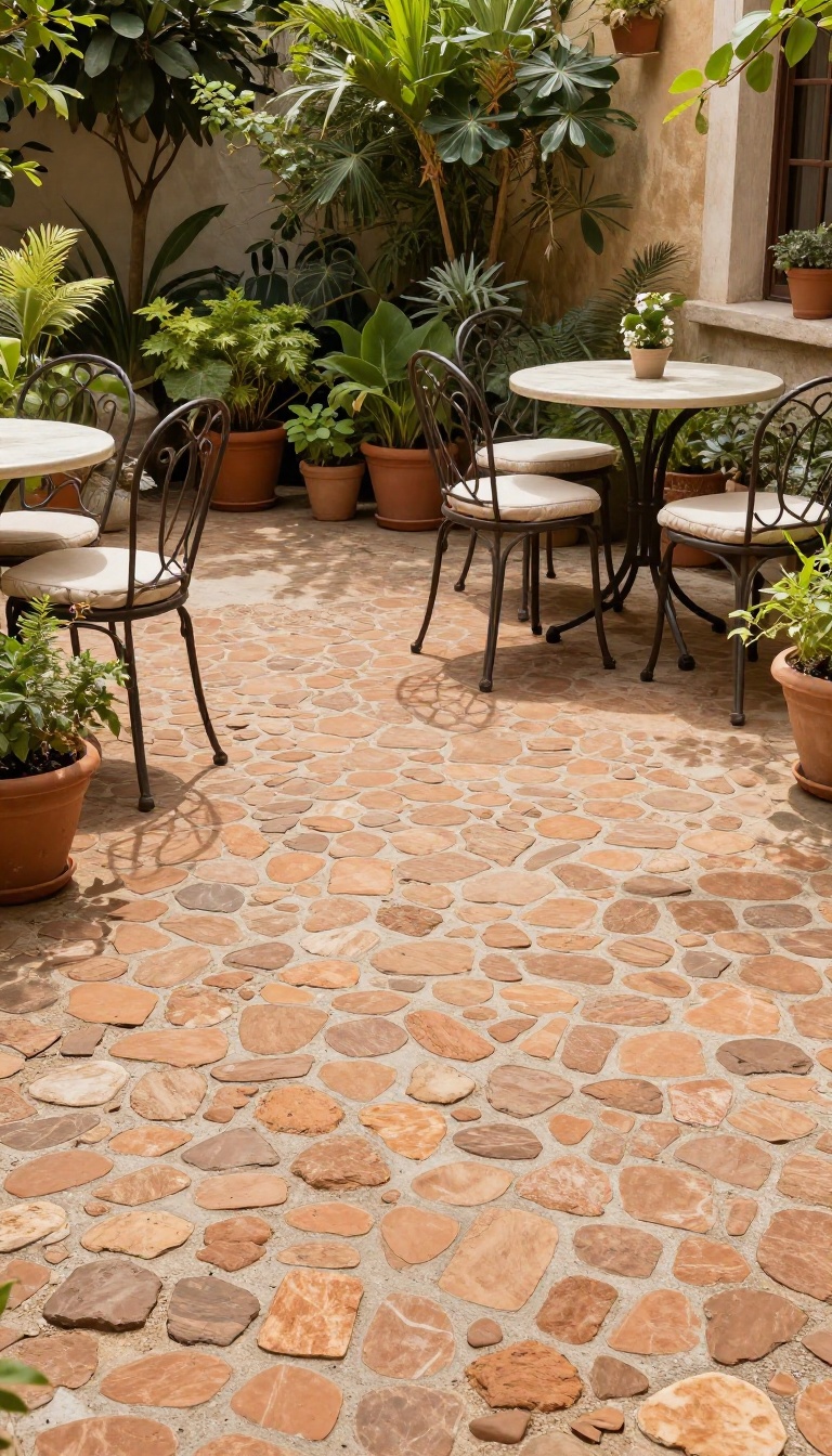 Stamped concrete patio with cobblestone texture and vintage vibe, surrounded by greenery and seating