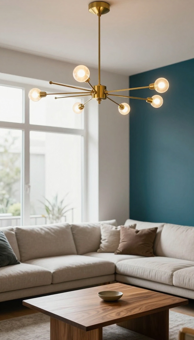 Mid-century modern living room with a brass Sputnik chandelier radiating exposed globe bulbs above a walnut sideboard and teal accent wall