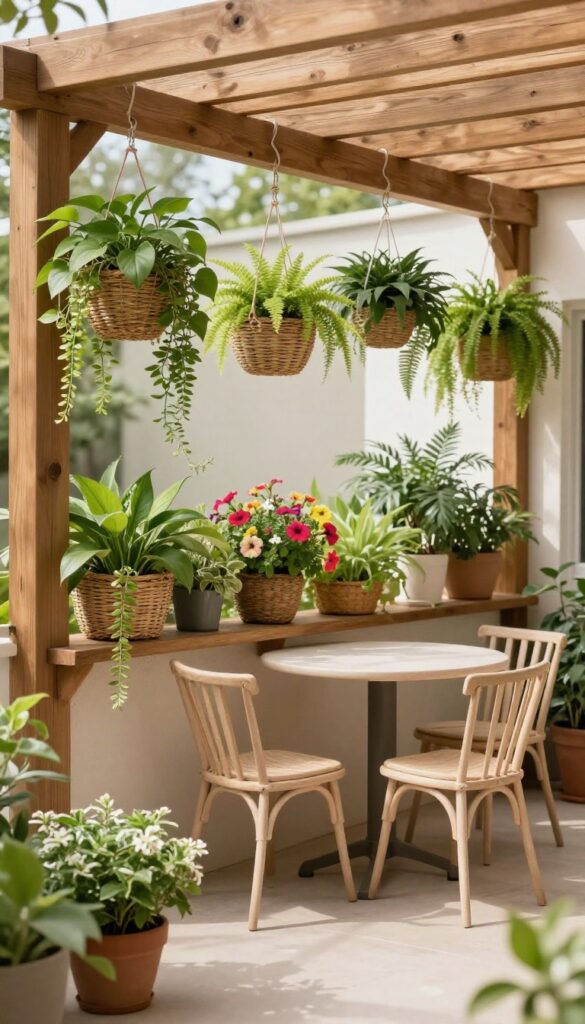 Small patio with hanging planters and baskets filled with lush greenery, creating a layered canopy and visually expanding the space.