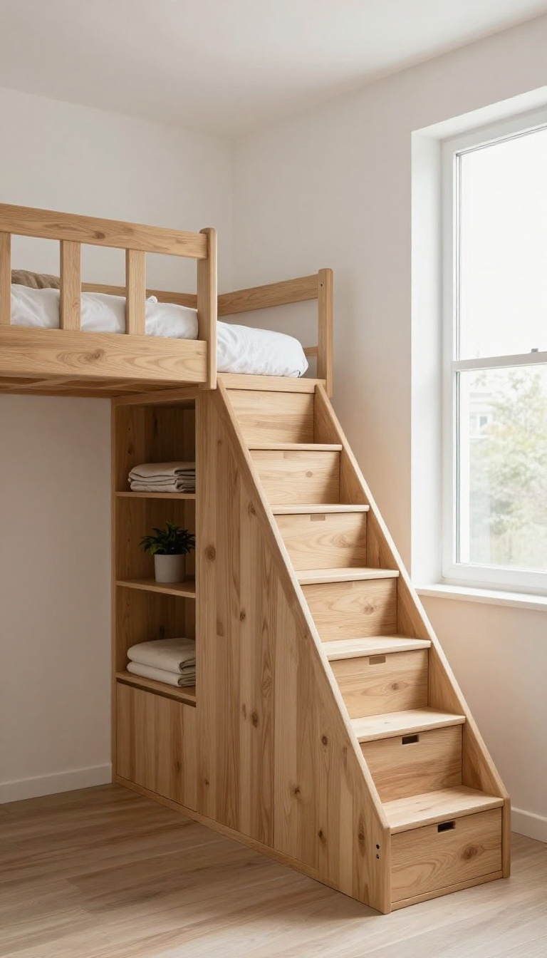 Small loft bedroom with a wooden staircase featuring built-in storage drawers leading up to a cozy elevated bed in bright natural light