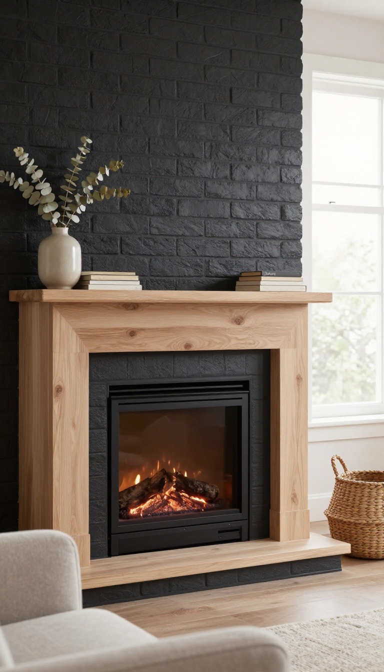Living room fireplace with a freshly painted charcoal brick surround and styled light wood mantel in bright natural light