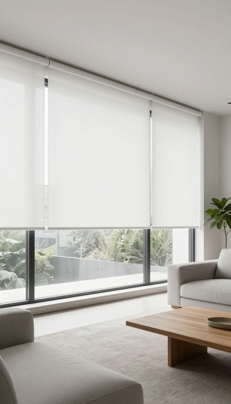 Modern living room with white roller blinds and minimalist decor, bathed in natural light.