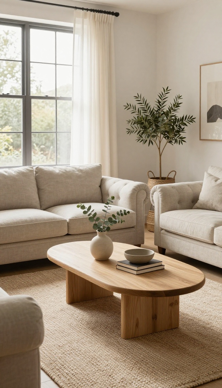 Bright living room with a neutral Chesterfield sofa and an oval oak coffee table styled with eucalyptus and books, showing how curved furniture softens straight-lined decor.