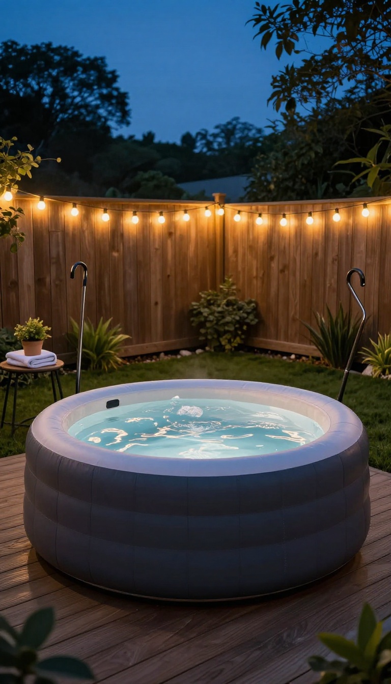 Inflatable hot tub on a backyard deck at dusk with warm white string lights glowing overhead