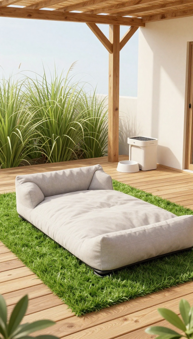 Pet-friendly retreat under a deck with a raised pet bed, artificial turf, and a water station, shaded by the deck above.