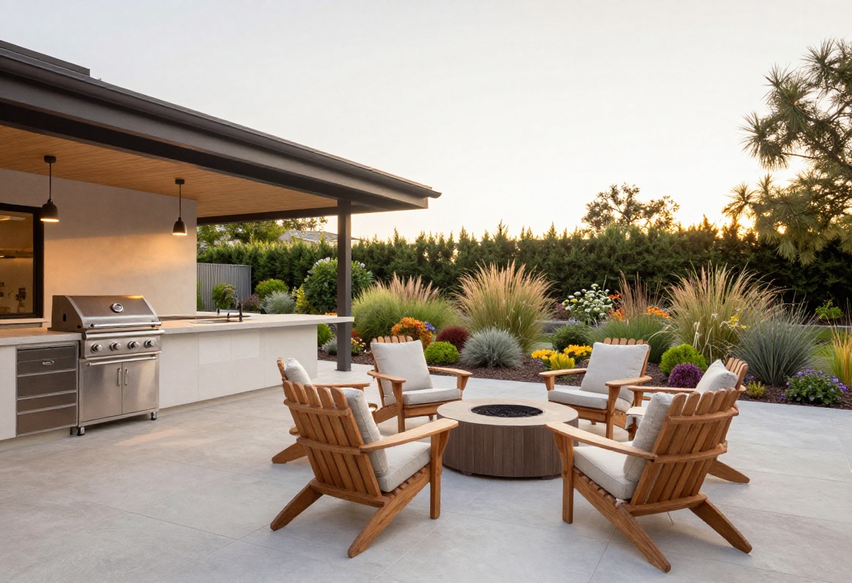 A large backyard divided into functional zones including an outdoor kitchen, fire pit lounge, and garden beds at sunset.
