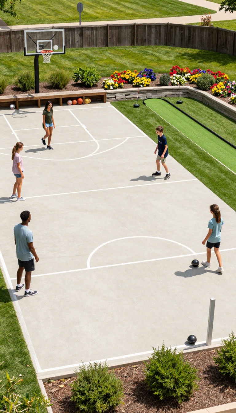 Backyard sports court with a basketball half-court, bocce lane, and small putting green surrounded by low walls and flower beds on a sunny day