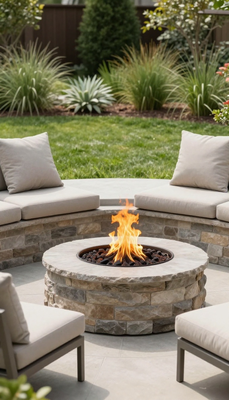 Sunken fire pit with a curved low wall topped by swivel chairs and cushions in a bright backyard