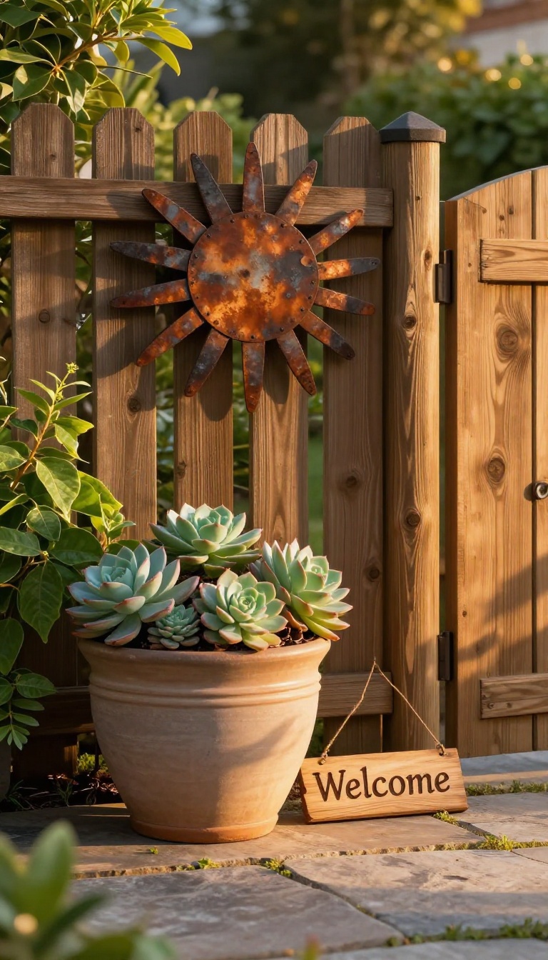 Backyard fence decorated with metal wall art and a handmade planter, styled for a personal outdoor space