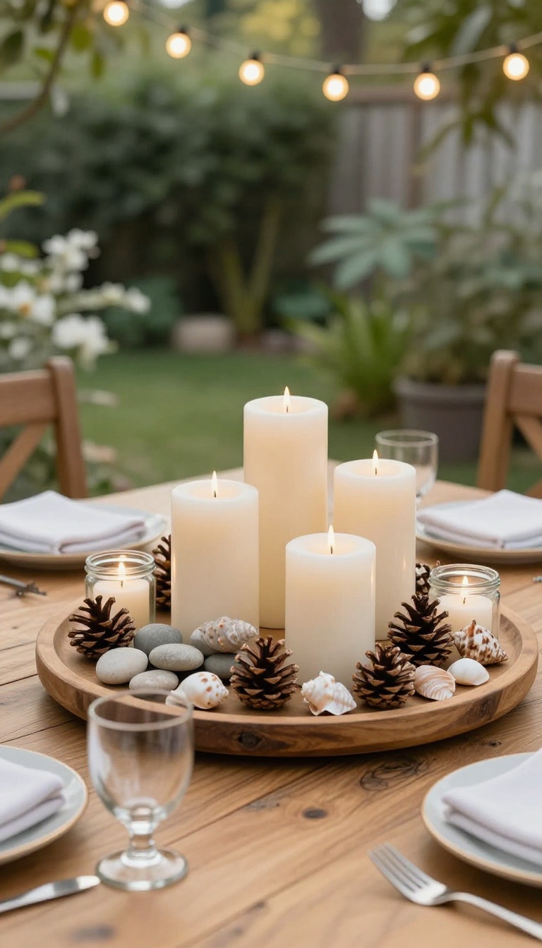 Upcycled tray centerpiece with candles and natural elements on an outdoor patio table