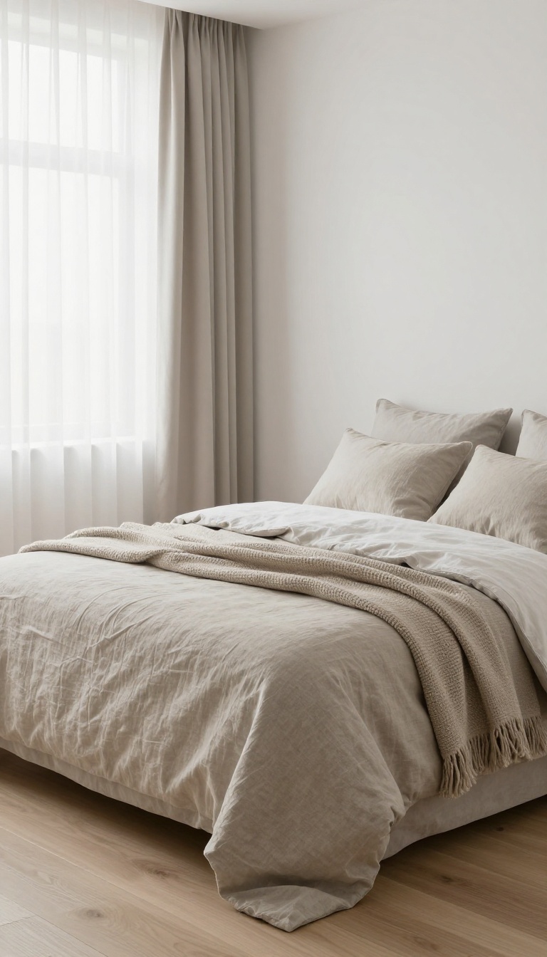 Small minimalist bedroom in a monochrome neutral palette with soft white walls, layered greige and taupe bedding, and textured fabrics in bright natural light