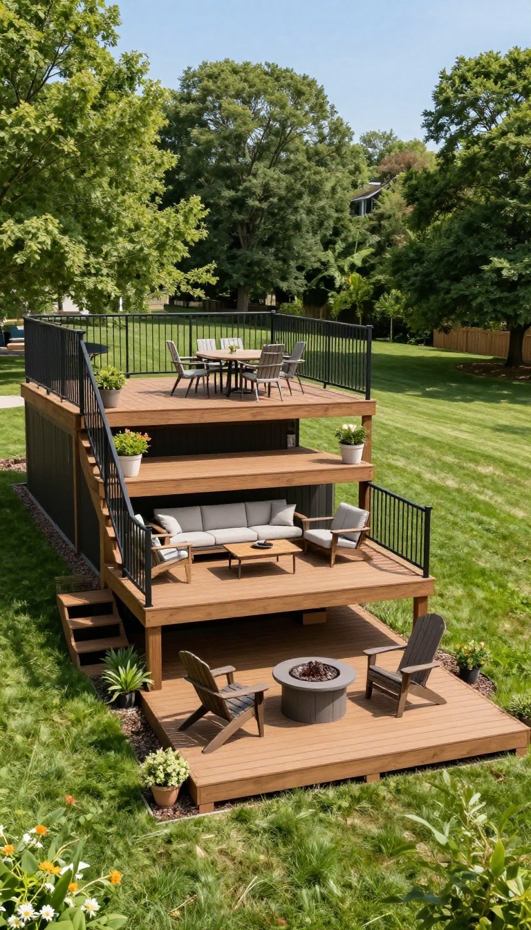 Multi-level backyard deck with three tiers connected by wide stairs, featuring dining, lounge, and fire pit zones on a sloped lawn in bright sunlight