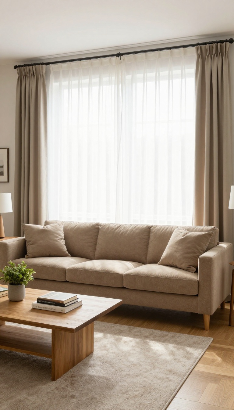 Tan couch framed by floor-to-ceiling taupe curtains in a bright living room