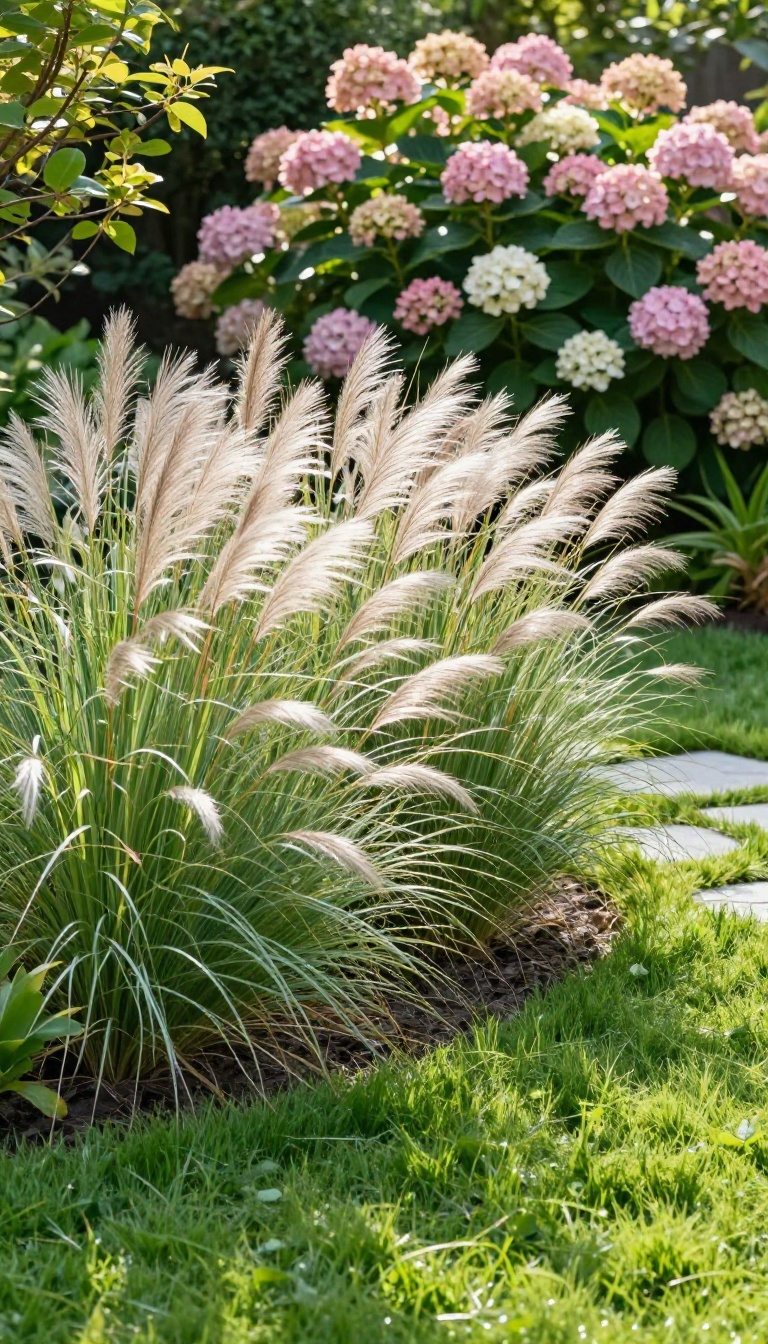Tall ornamental grasses and flowering shrubs forming a soft natural privacy screen in a bright backyard garden