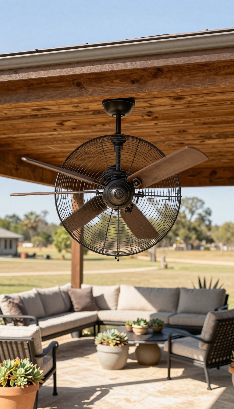 Damp-rated outdoor ceiling fan spinning above a shaded Texas covered patio with outdoor furniture on a bright sunny day