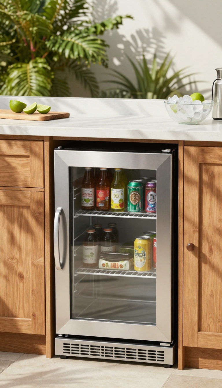 Compact stainless steel outdoor fridge built under a wood counter in a sunny backyard kitchen, stocked with cold drinks
