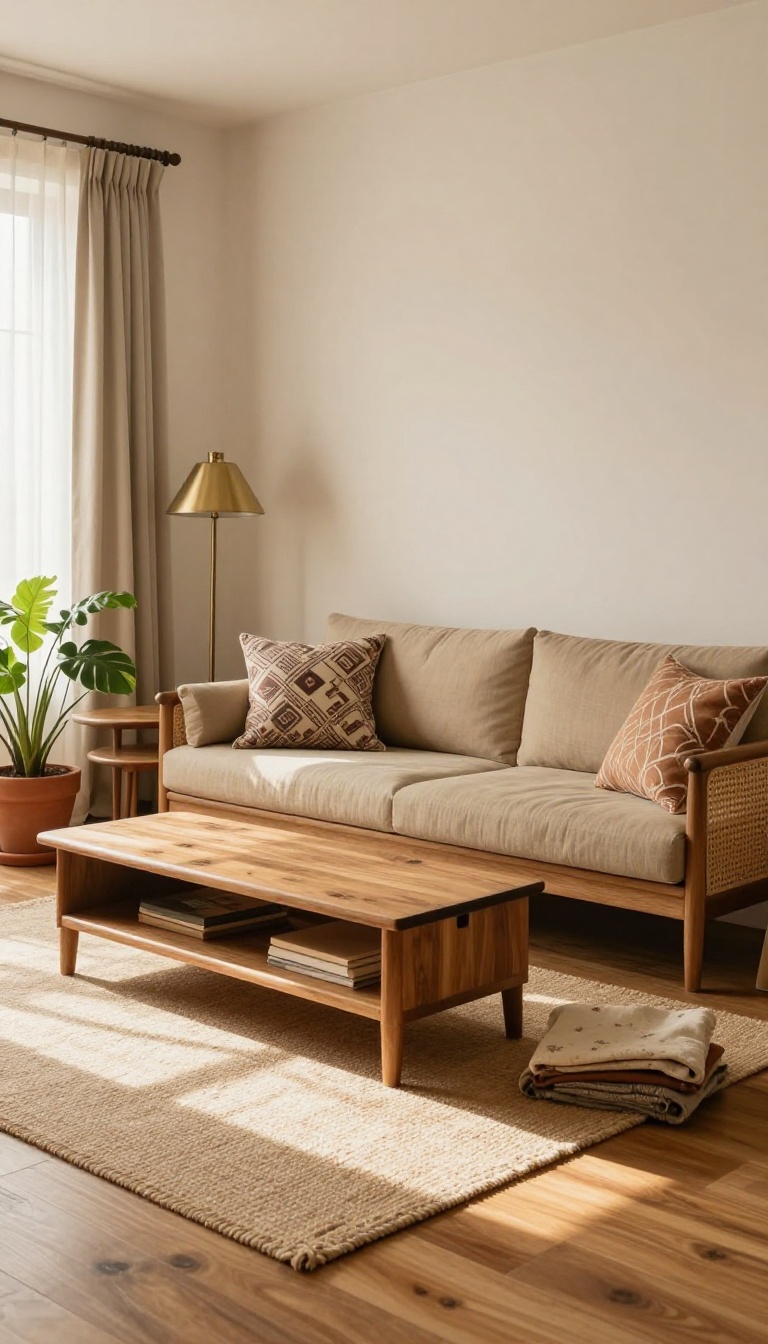 Small Indian living room with a storage ottoman, convertible sofa, and nesting tables in bright natural light