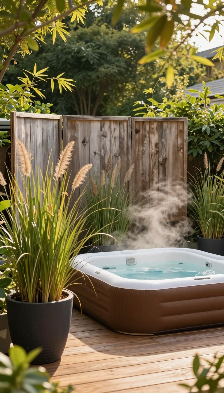 Inflatable hot tub on a backyard deck screened by tall planters with ornamental grasses and a wood folding privacy screen in warm evening light
