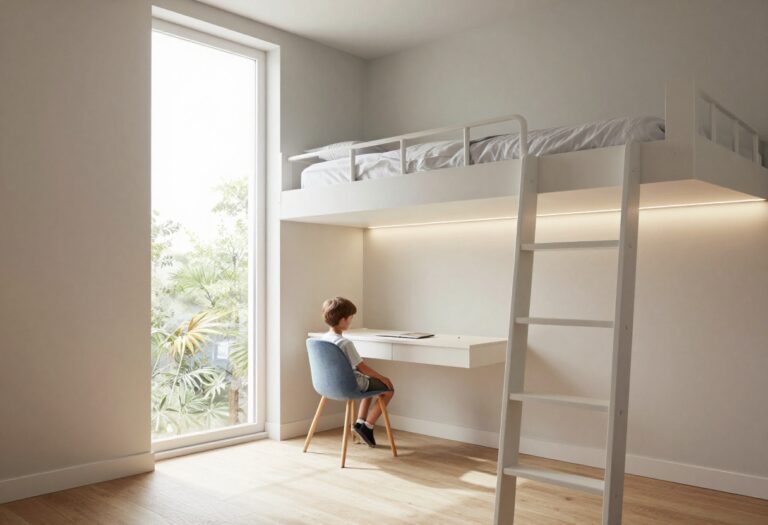 Small teen boy's bedroom with loft bed, wall shelves, and LED lighting