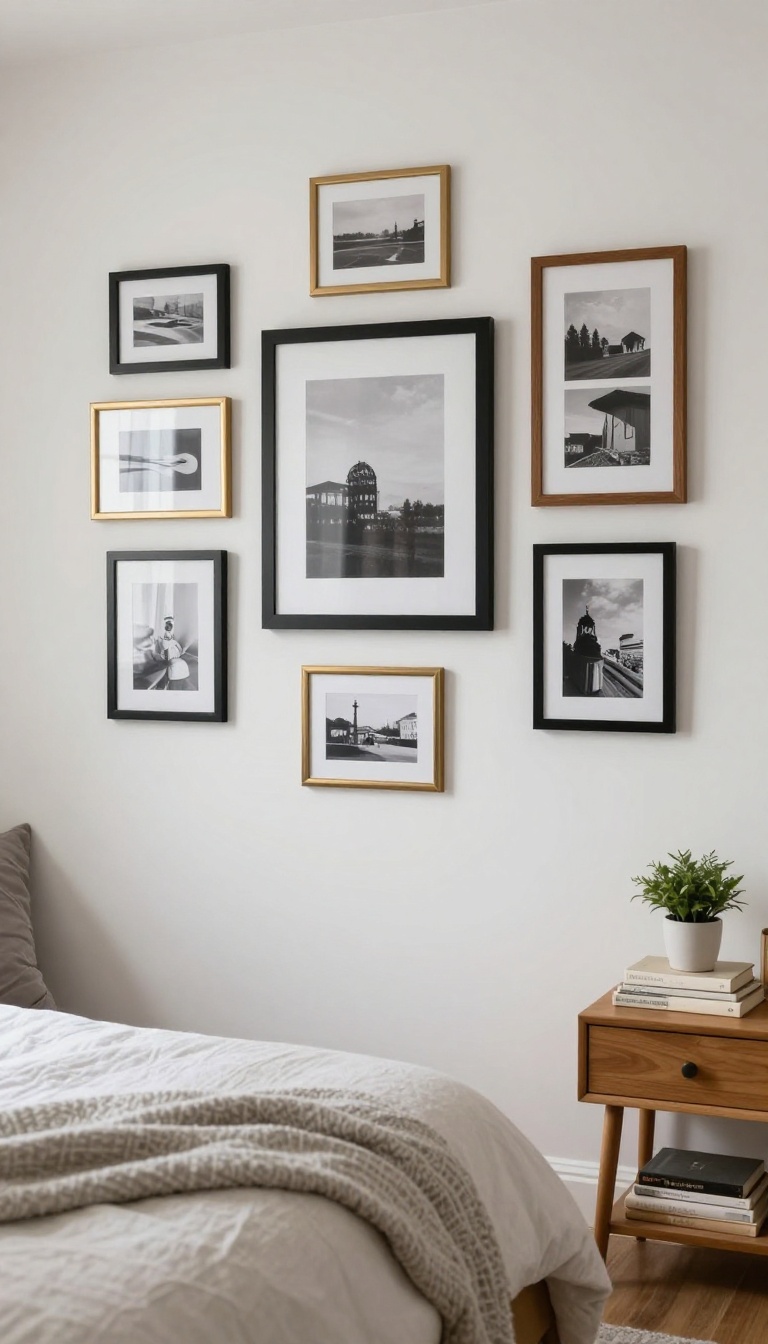 Small cozy bedroom with a tightly clustered gallery wall of thrifted frames above a neatly made bed, styled with warm neutral decor and natural light.
