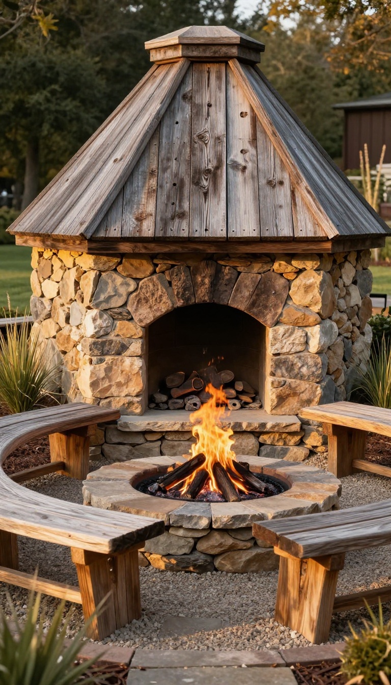 Sunken backyard fire pit made with reclaimed barn wood and rough-cut stone, surrounded by rustic wood bench seating and natural landscaping in warm golden-hour light