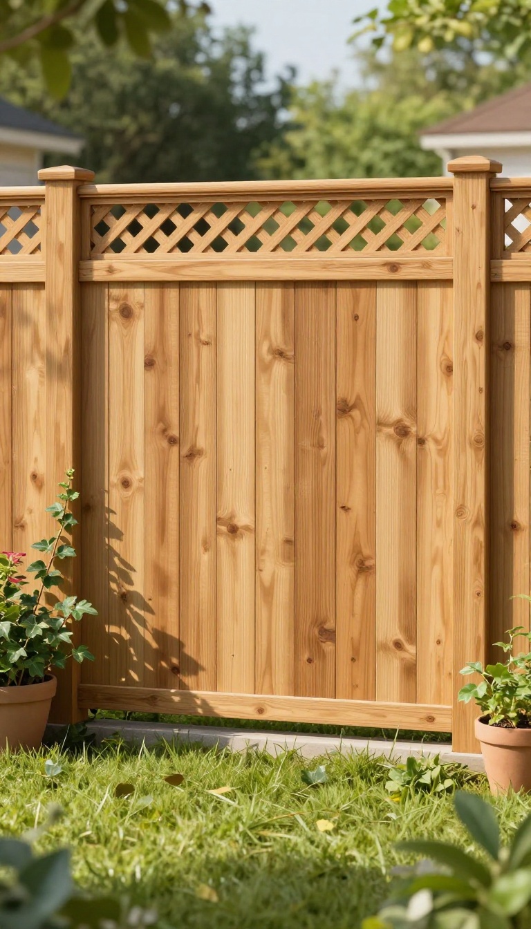 Wooden backyard fence with decorative lattice top panels and alternating shadowbox designs surrounded by greenery in bright natural light