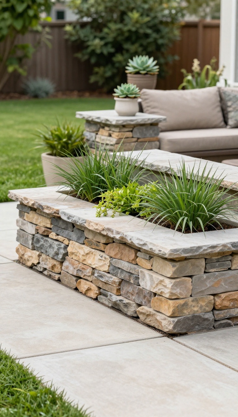 Low stone seat wall with cap stones and a built-in planter separating a paver patio from a green lawn in a sunny backyard