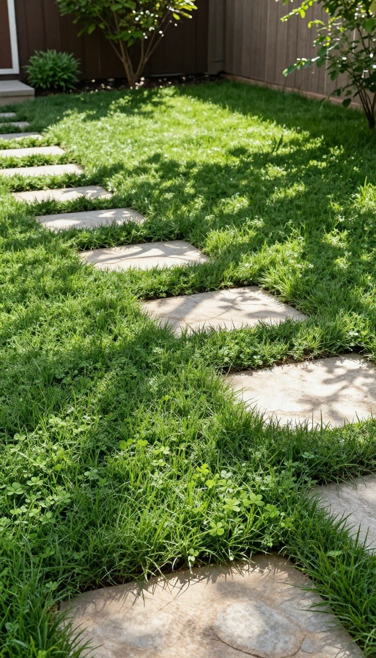 Small backyard with low-maintenance creeping thyme and clover ground cover replacing grass between natural stone pavers
