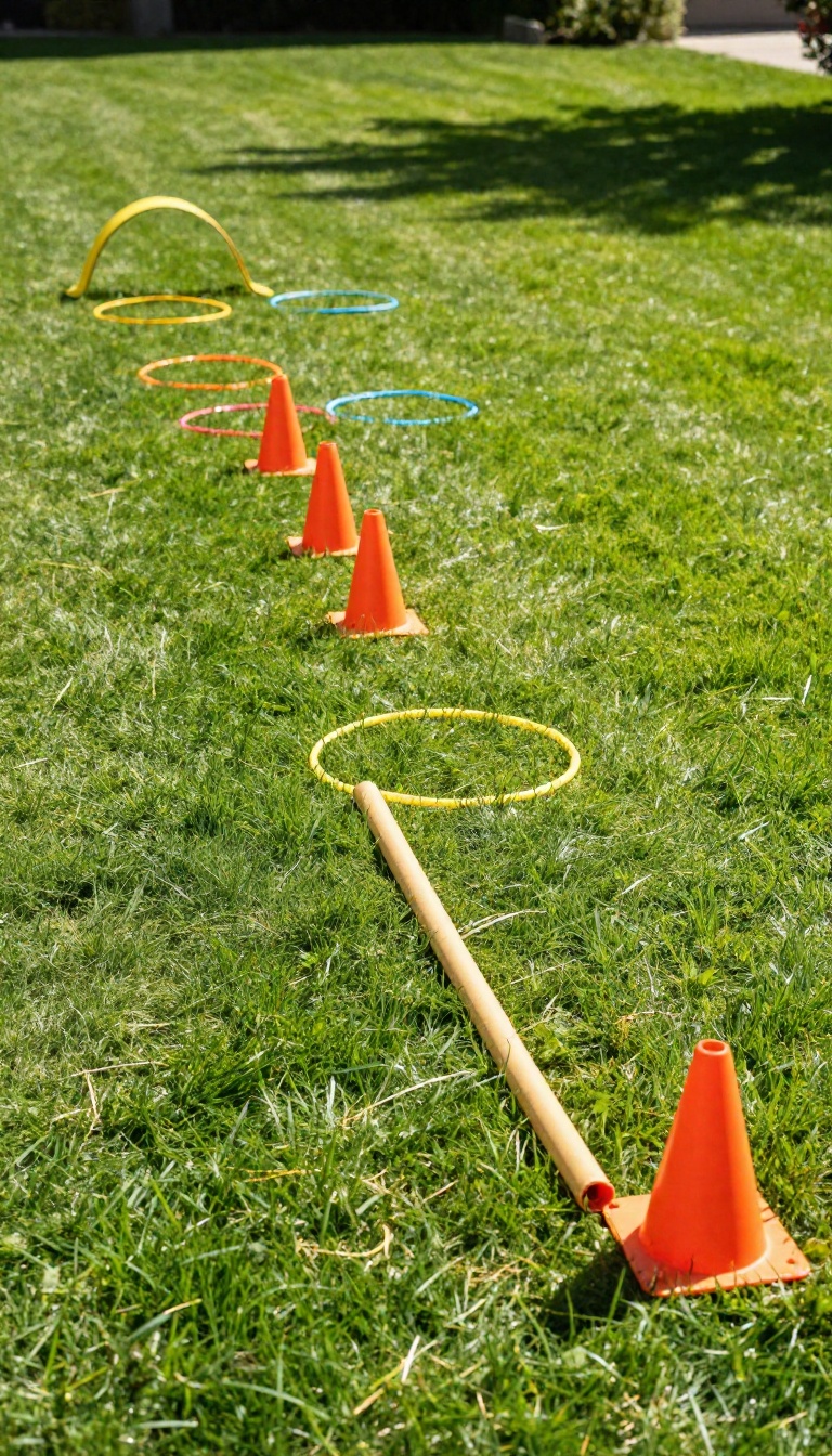 DIY backyard obstacle course with cones, hula hoops, and pool noodles on green grass in bright sunlight