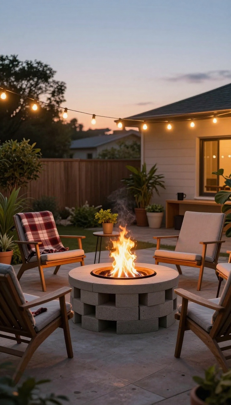 Cozy DIY fire pit on a budget patio with seating and string lights