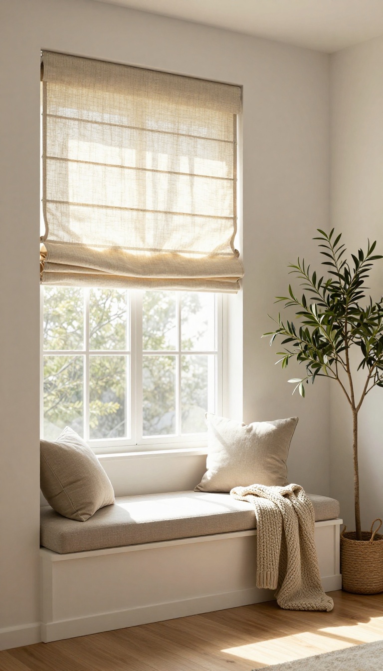 Cozy living room bay window with soft-fold Roman shades in textured linen filtering warm sunlight over a cushioned window seat