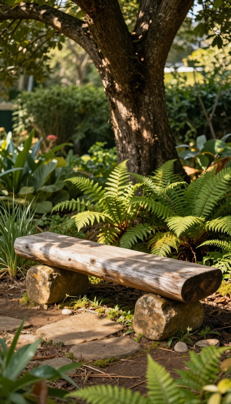 Rustic half-log bench resting on flat stones in a shaded garden corner surrounded by ferns and wild grasses