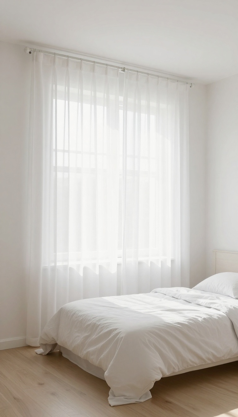 Small white bedroom with sheer white curtains hung high and wide below the ceiling to make the window look larger and the room feel taller and brighter