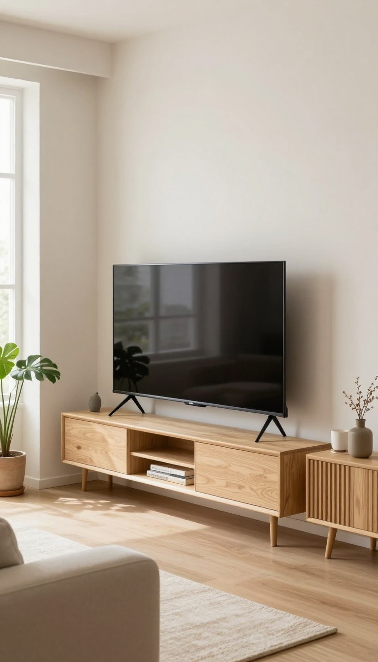 Modern corner TV unit in a bright living room maximizing awkward space