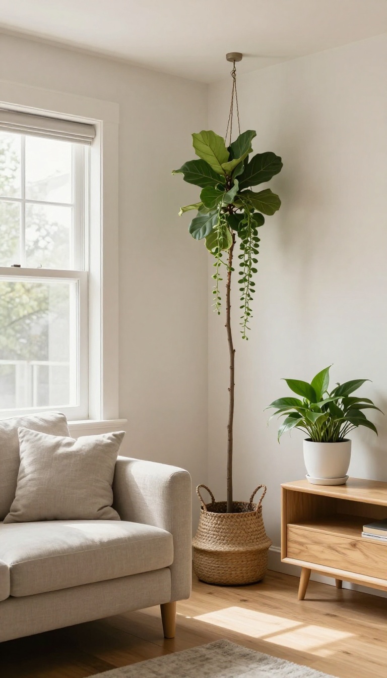 Bright living room corner with a tall fiddle leaf fig on the floor, a pothos on a wooden side table, and a hanging string of pearls plant at different heights