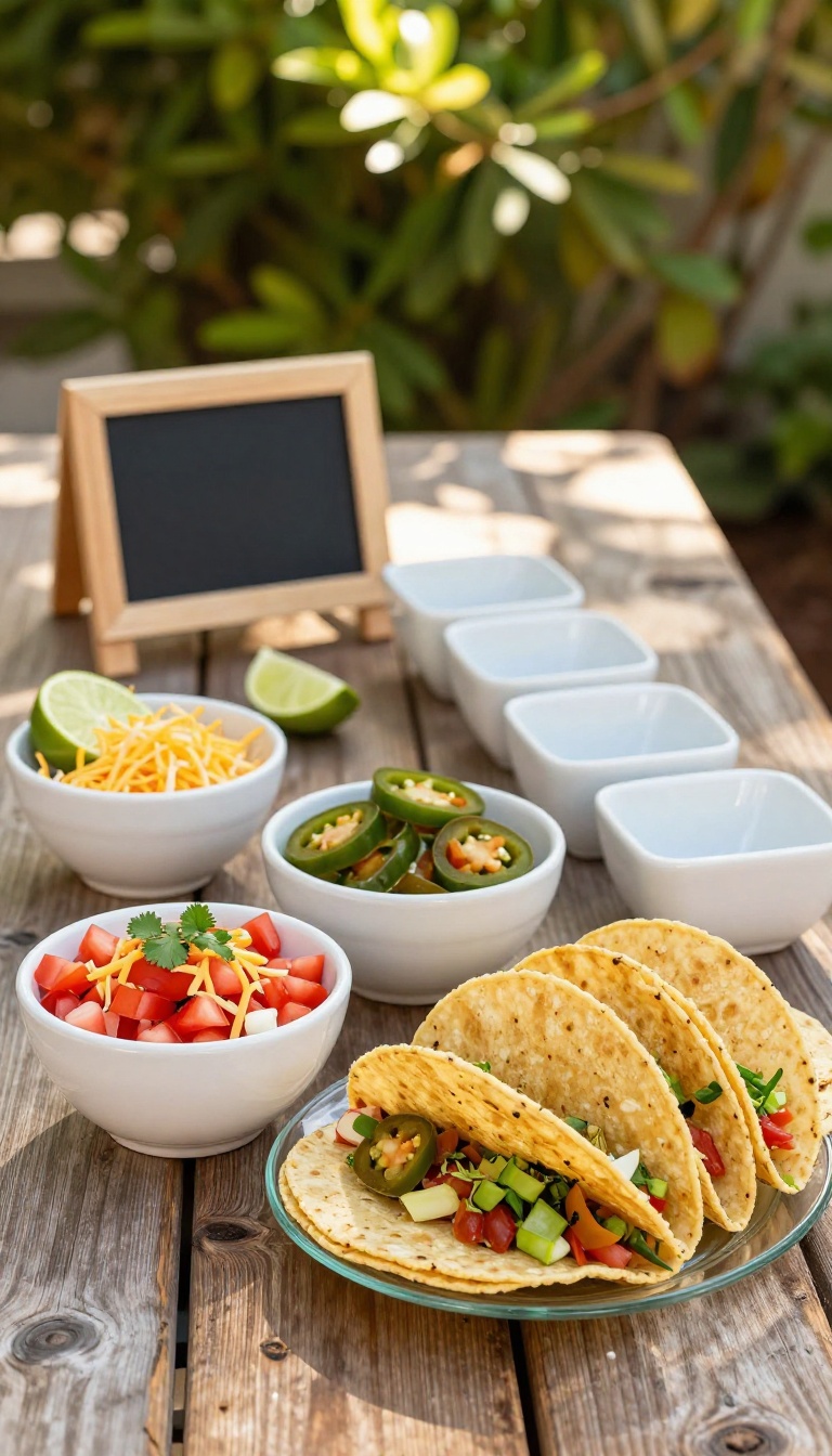 Stylish backyard taco bar with matching white ceramic bowls of colorful toppings and a small framed chalkboard sign on a wooden table in warm natural light