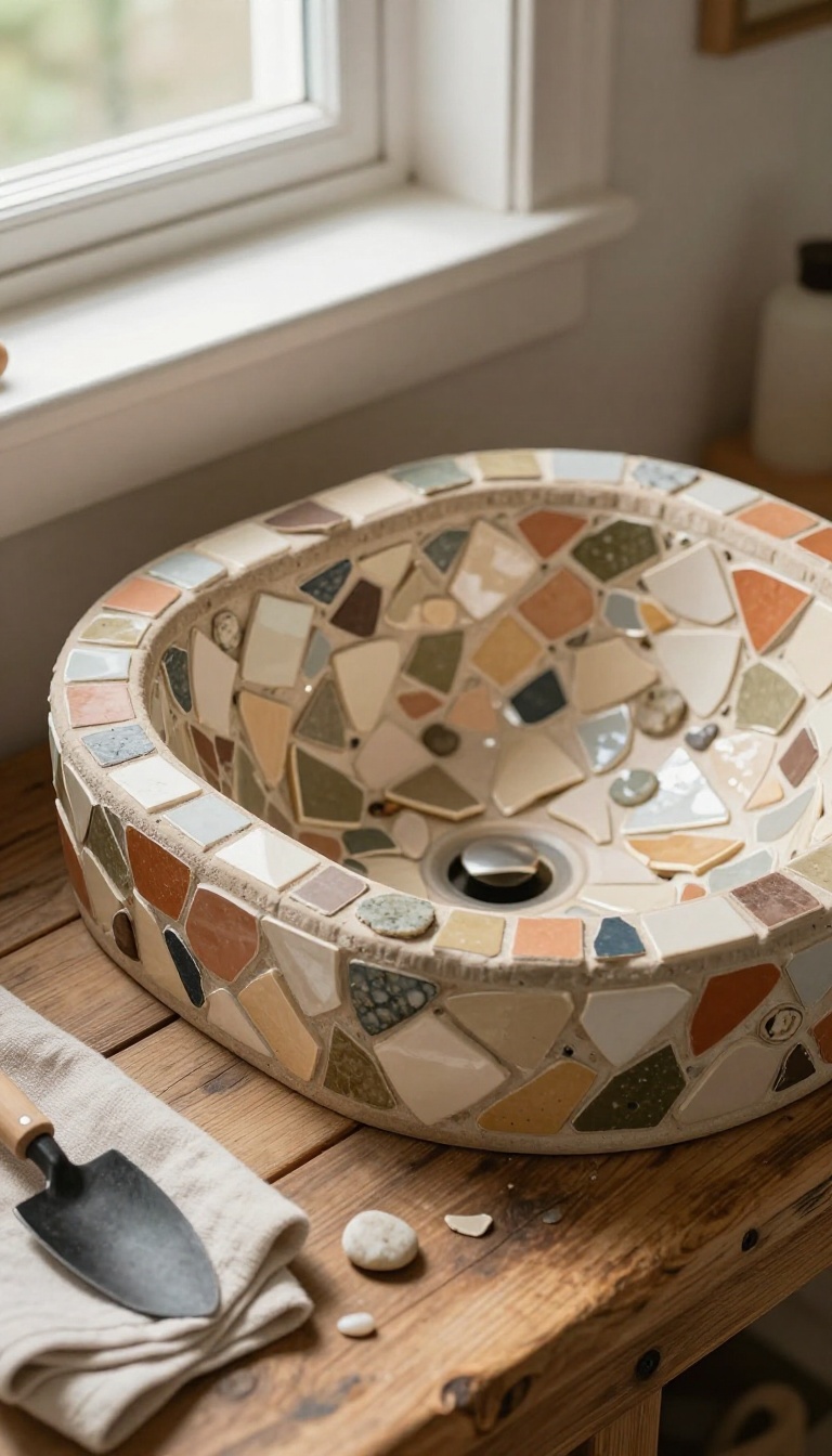 Handmade mosaic tile bathroom sink made from broken ceramic shards and pebbles on a rustic wood vanity in bright natural light