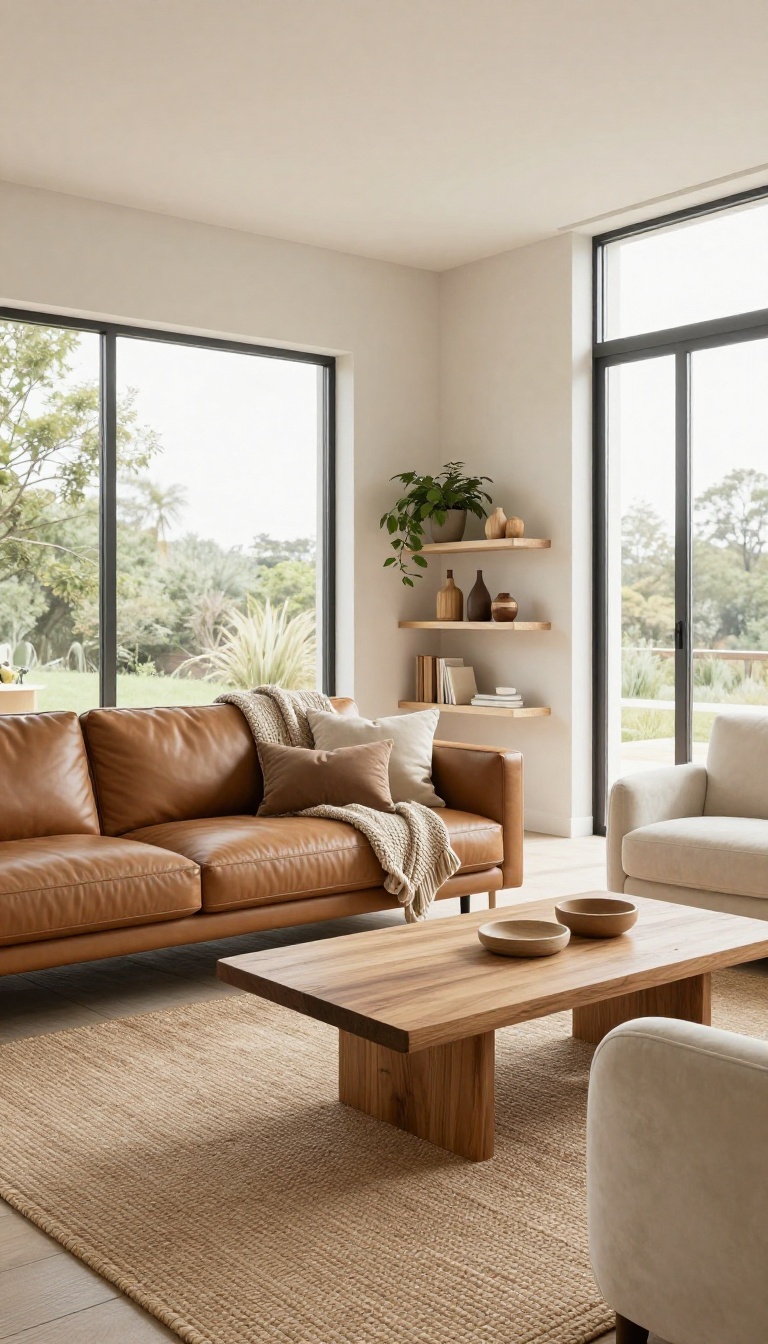 Modern Bloxburg living room with mixed textures including leather sofa, velvet chair, wood table, and woven rug