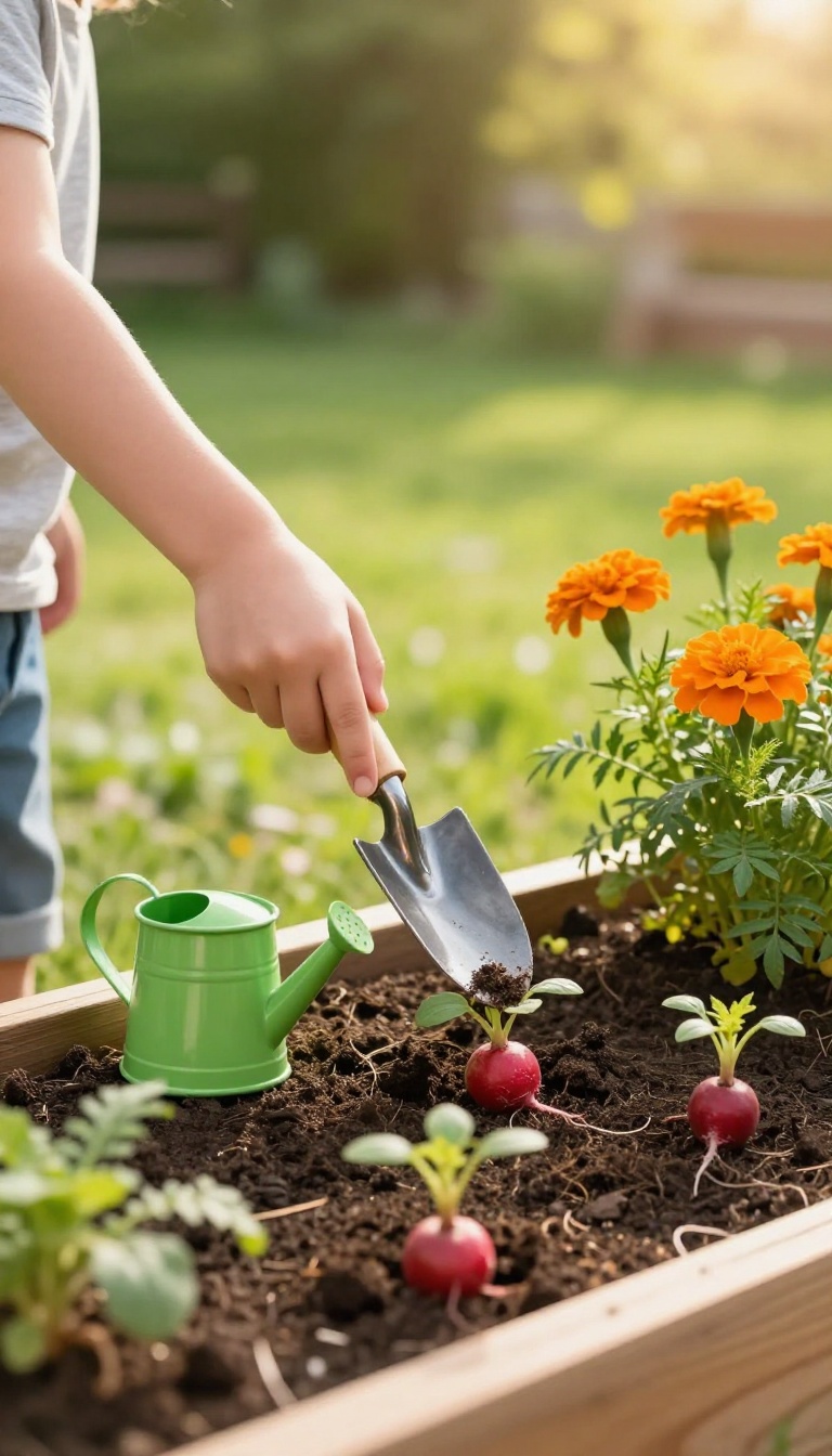 Child's hands holding a small trowel in a raised garden bed with cherry tomato seedlings, marigolds, and a watering can in a sunny backyard