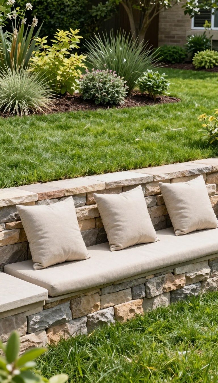 Natural stone retaining wall with built-in cushioned seating on a sloped backyard lawn in bright daylight