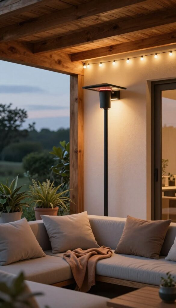 A covered patio with a wall-mounted heater glowing warmly above cozy seating at dusk.