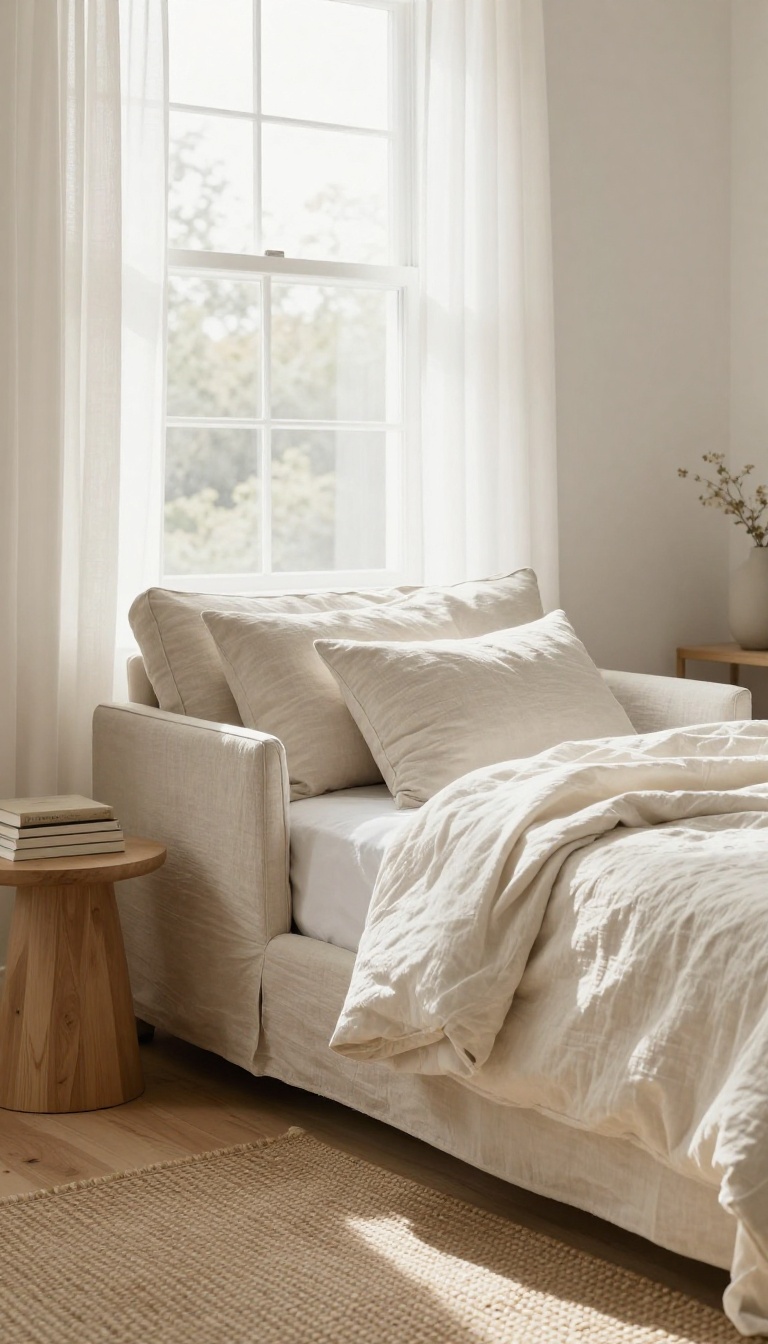 Linen slipcovered armchair in a bright bedroom corner by a window with a draped throw and pillow, styled in a relaxed Pottery Barn look