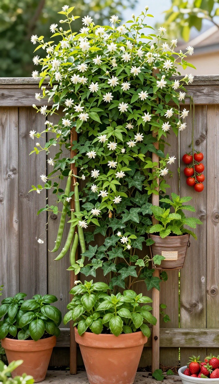 Vertical garden with climbing plants and pocket planters on a backyard fence creating privacy and growing herbs and vegetables